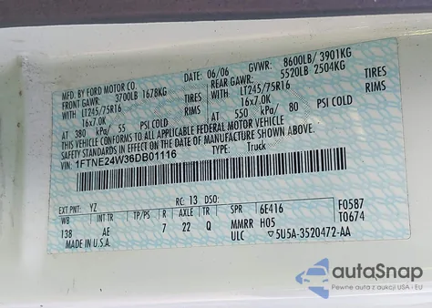 2006 Ford E-250 Commercial/Recreational from USA, damaged, VIN 1FTNE24W36DB01116